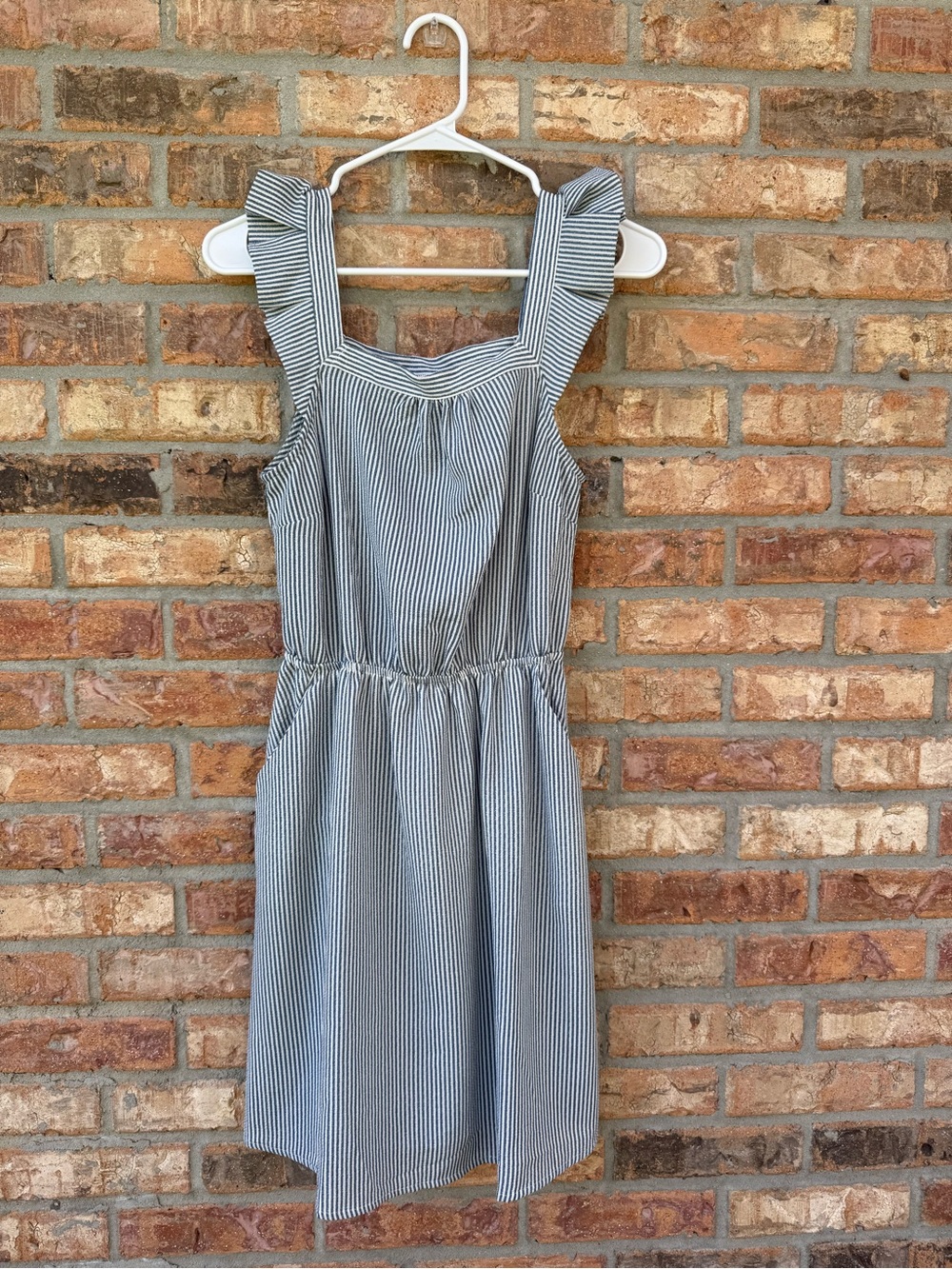 Monteau Navy and White Striped Ruffle Strap Dress